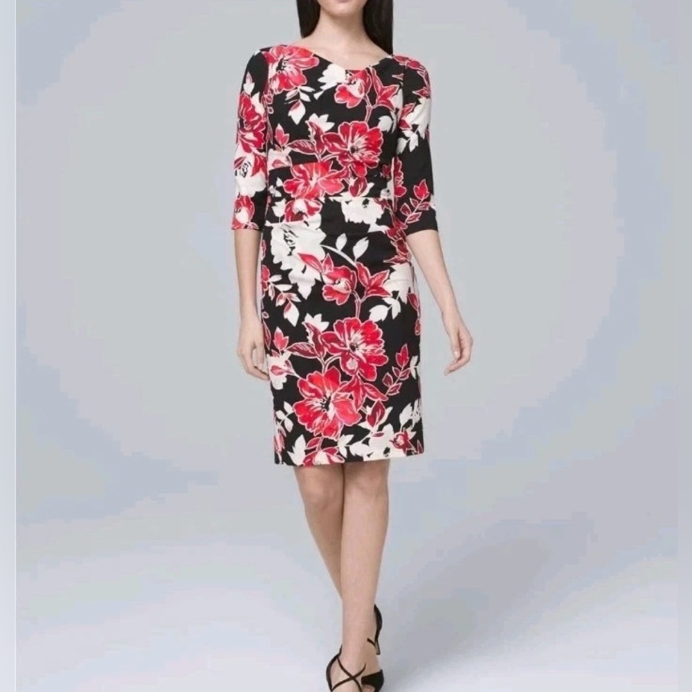 White House Black Market Black And Red Draped Neck Floral Sheath Dress Size 6P